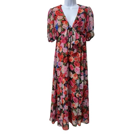 Mac Duggal Floral Puff Sleeve Flowy Midi Dress Size 6 Rose Event Wedding Guest - Picture 1 of 12